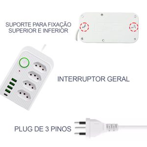 Filtro De Linha Extensão com cabo de 3 metros, 5 Tomadas, 4 USB, 1USB Tipo C, Plástico de segurança Anti-Chama, Regua Cabo - Imagem 5