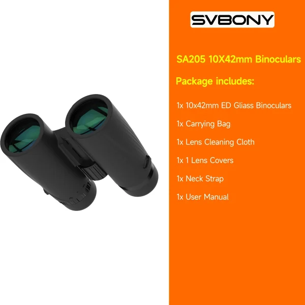 Binóculo SVBONY SA205 10x42 ED e itens da caixa