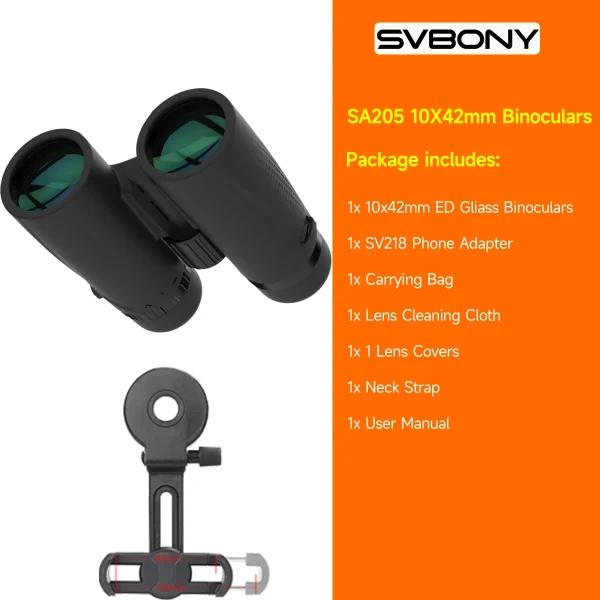 Binóculo SVBONY SA205 10x42 com adaptador para celular SV218