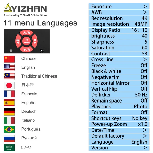 Menu do microscópio digital YIZHAN em português