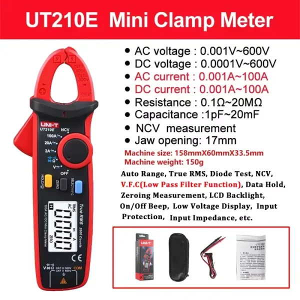 Mini alicate amperímetro UNI-T UT210E, faixas de medição e acessórios