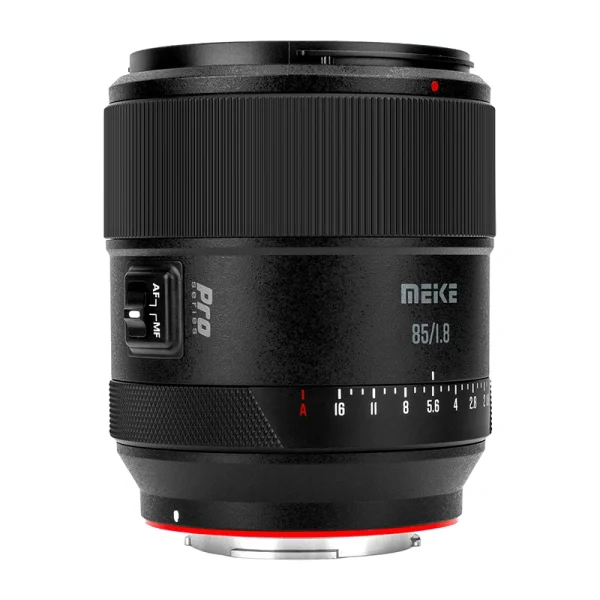 Meike 85mm F1.8 Pro de lado, com o anel de abertura