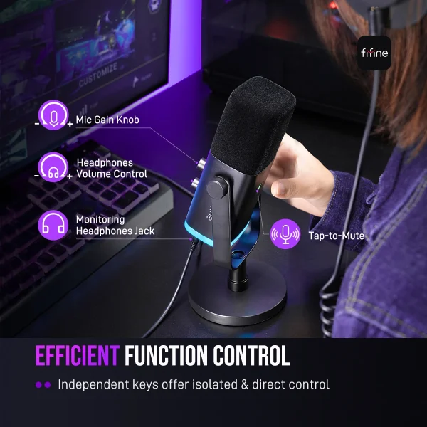 Controles do microfone FIFINE AM8: ganho, volume do fone e mudo por toque
