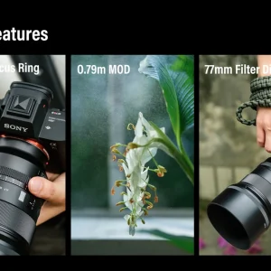 Anel de foco, foco mínimo de 0,79 m e filtro de 77 mm da Viltrox 85mm PRO