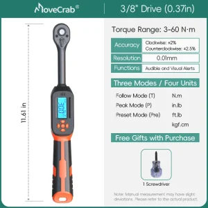 Torquímetro MoveCrab de 3 a 60 N·m, encaixe de 3/8 de polegada