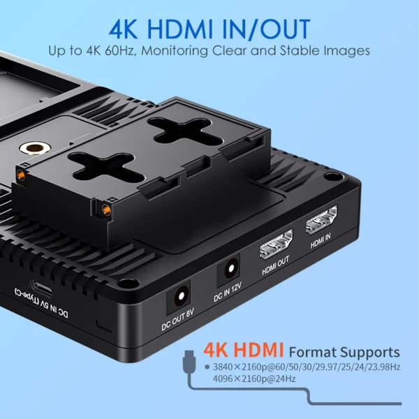 Entrada e saída HDMI 4K e kit F970 atrás do FEELWORLD F7 PRO