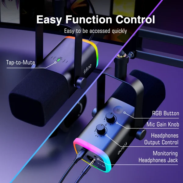 Controles de ganho, fone e mudo do FIFINE AM8T
