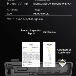 Parâmetros e conteúdo da caixa do torquímetro digital MoveCrab