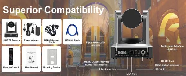 Acessórios e conexões da DAIPU VX60-20: HDMI, SDI, USB 3.0, rede e RS232