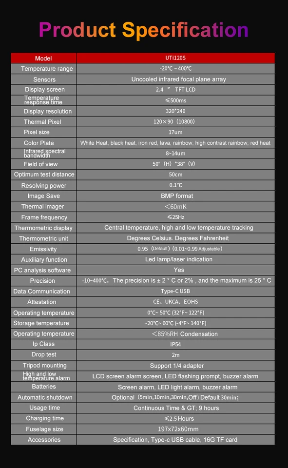 Tabela de especificações da UNI-T UTi120S