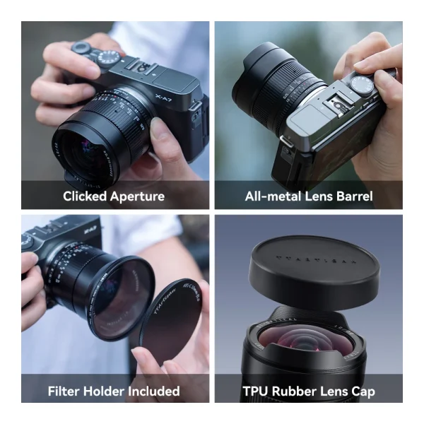 TTArtisan 10mm F2: anel de abertura com cliques, corpo de metal, suporte de filtro e tampa de borracha