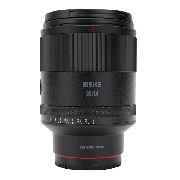 Meike 85mm F1.4 vista de frente, com o anel de abertura