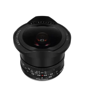 TTArtisan 7.5mm F2 vista de frente, com o para-sol embutido