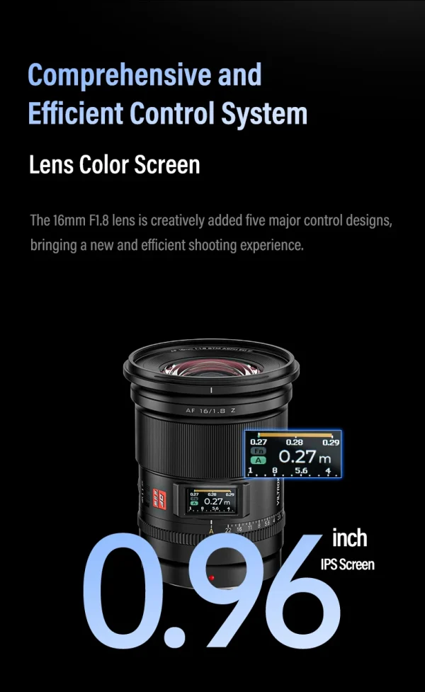 Tela LCD de 0,96 polegada na Viltrox 16mm F1.8