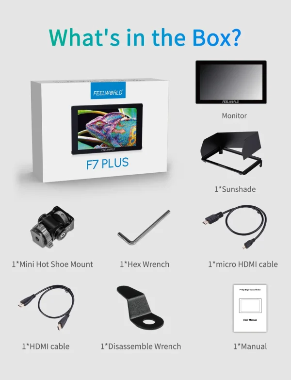 Conteúdo da caixa do FEELWORLD F7 PLUS versão padrão
