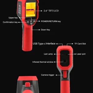 Botões, conexões, laser e lanterna da câmera térmica UNI-T UTi120S