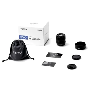 Lente Viltrox AF 55mm F1.8 EVO com para-sol, bolsa e tampas