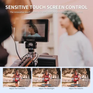 Controle pela tela sensível ao toque do FEELWORLD F6 PLUS V2 montado na câmera