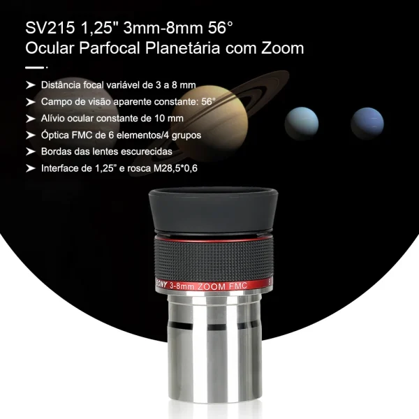 Ocular planetária parfocal SVBONY SV215 com zoom de 3 a 8 mm