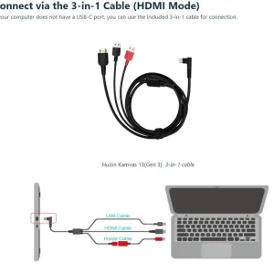 Ligação da Huion Kamvas 13 ao computador pelo cabo 3 em 1