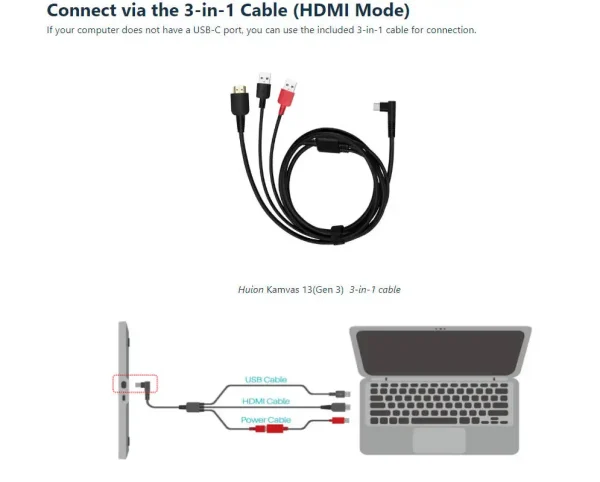 Ligação da Huion Kamvas 13 ao computador pelo cabo 3 em 1