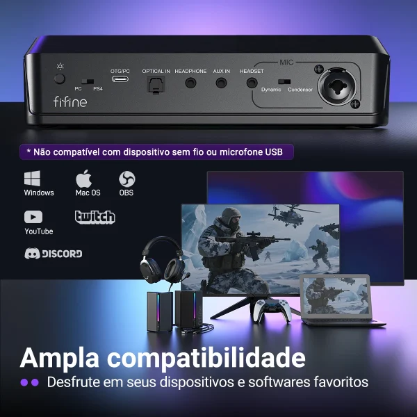 Chave PC e PS4 do mixer de áudio FIFINE SC8