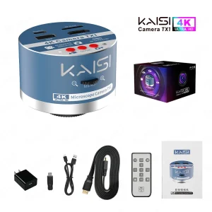 Câmera 4K Kaisi TX1 para microscópio com fonte, cabo HDMI e controle remoto
