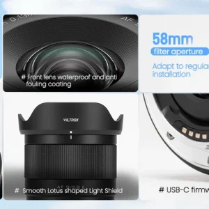 Detalhes da Viltrox 9mm F2.8 Air: rosca de 58 mm e porta USB-C