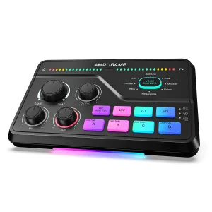 Mixer de áudio FIFINE AmpliGame SC8 preto com pads e iluminação RGB