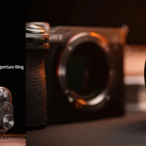 Anel de abertura e porta USB-C da Meike 85mm F1.8 Pro numa câmera Sony