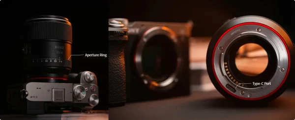 Anel de abertura e porta USB-C da Meike 85mm F1.8 Pro numa câmera Sony