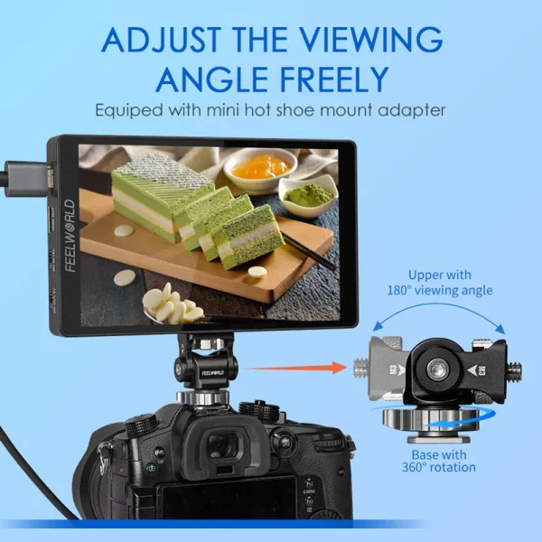 FEELWORLD F7 PRO na câmera com a mini sapata articulada