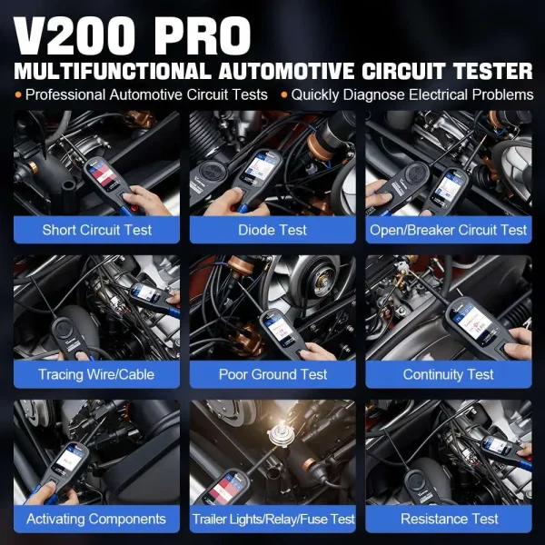 Testes do VDIAGTOOL V200PRO: curto, diodo, circuito aberto e continuidade