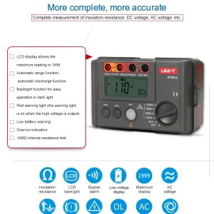 Funções do UNI-T UT501A: isolamento, tensão AC, alarmes e descarga automática