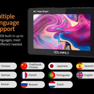 Menu do FEELWORLD F5 PROX em 11 idiomas, com português