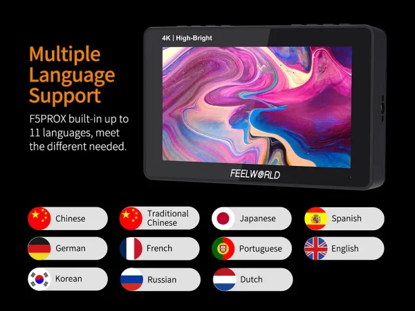 Menu do FEELWORLD F5 PROX em 11 idiomas, com português