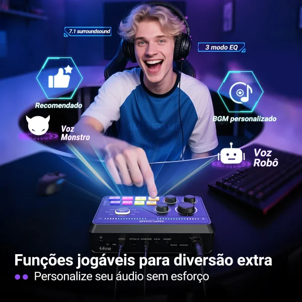 Modificador de voz, surround 7.1 e equalização do mixer FIFINE SC8