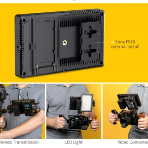 Kit F970 do F7 PRO alimentando transmissor sem fio, luz de LED e conversor de vídeo