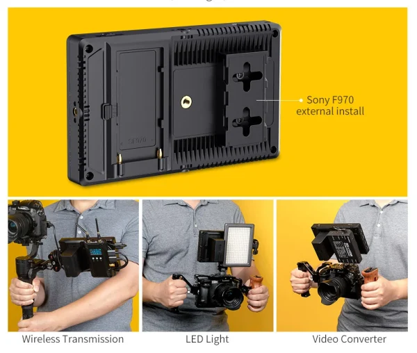 Kit F970 do F7 PRO alimentando transmissor sem fio, luz de LED e conversor de vídeo
