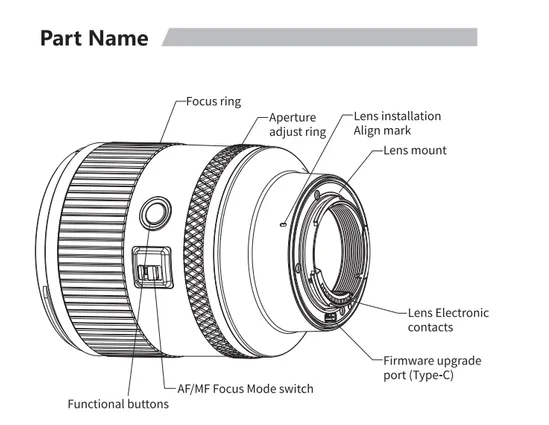 Peças da Meike 85mm F1.4: anéis, chave AF/MF e porta USB-C