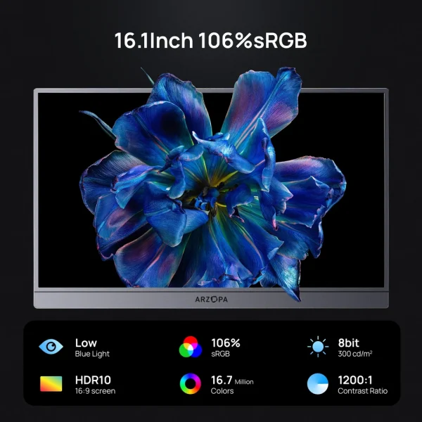 Tela de 16,1 polegadas do ARZOPA Z1FC com HDR10 e 8 bits