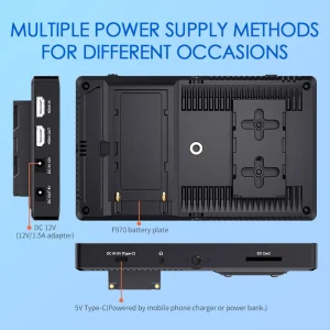 Formas de alimentação do FEELWORLD F7 PRO: DC 12 V, USB-C e bateria F970
