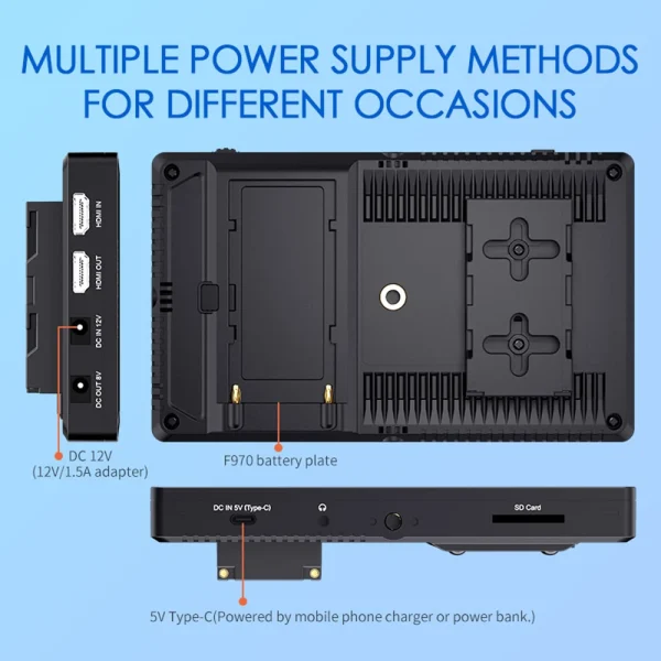 Formas de alimentação do FEELWORLD F7 PRO: DC 12 V, USB-C e bateria F970