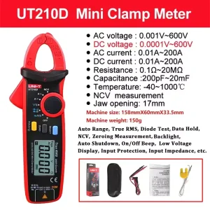 Mini alicate amperímetro UNI-T UT210D, faixas de medição e acessórios