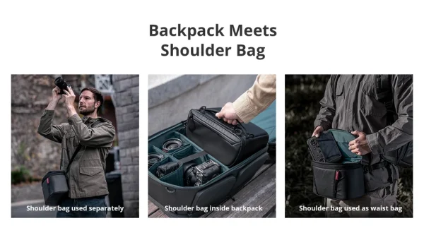 Bolsa de ombro da OneMo 2 usada sozinha, dentro da mochila ou na cintura