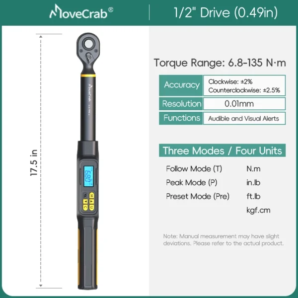 Torquímetro MoveCrab de 6,8 a 135 N·m, encaixe de 1/2 polegada