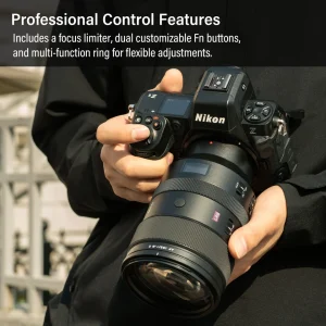 Botões e controles da Viltrox 135mm F1.8 LAB numa câmera Nikon Z