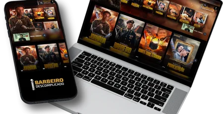 Área de membros do curso Barbeiro Descomplicado 2.0 no notebook e no celular
