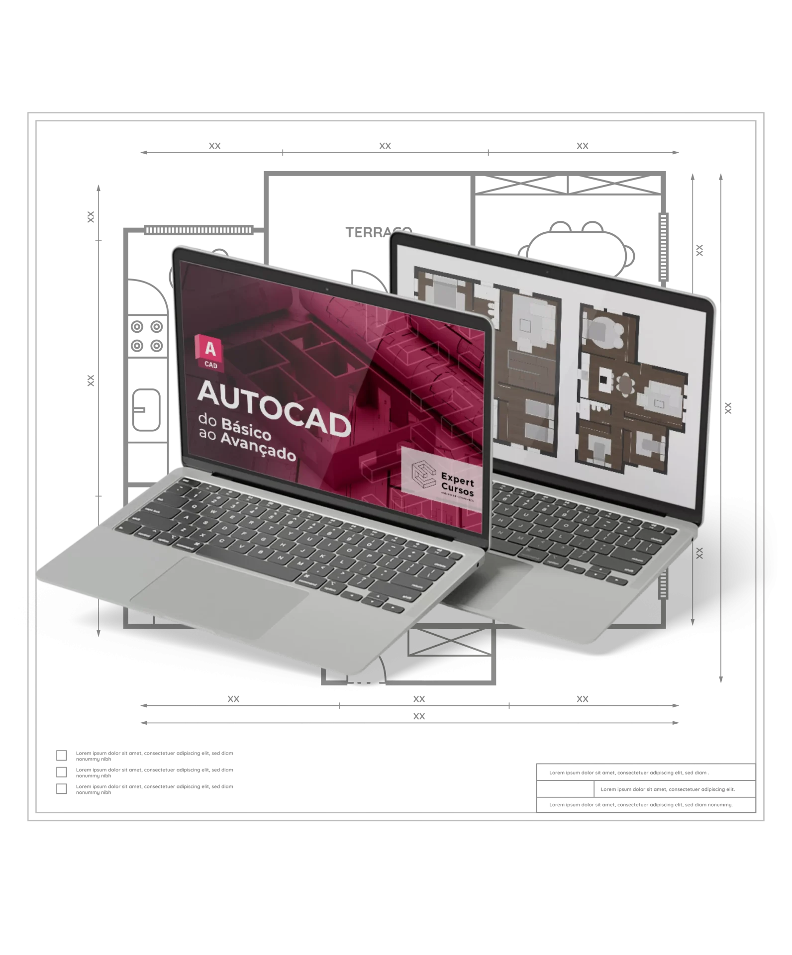 Curso de AutoCAD do básico ao avançado da Expert Cursos, com planta baixa em 2D e 3D