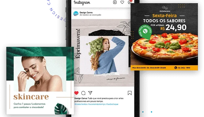 Exemplos de posts criados no Canva, do curso Design Canva Profissional